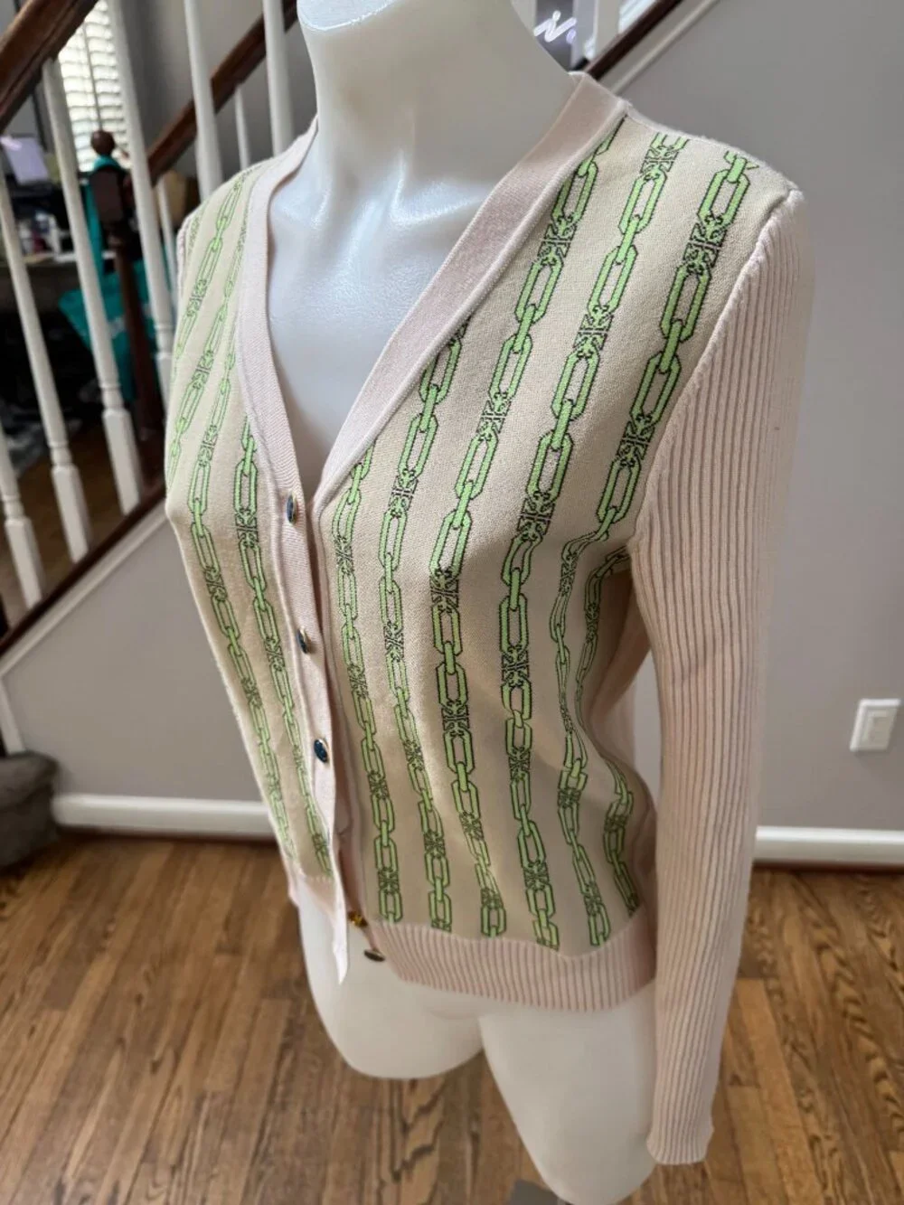 Tory Burch merino jacquard-front cardigan sweater beige green size small